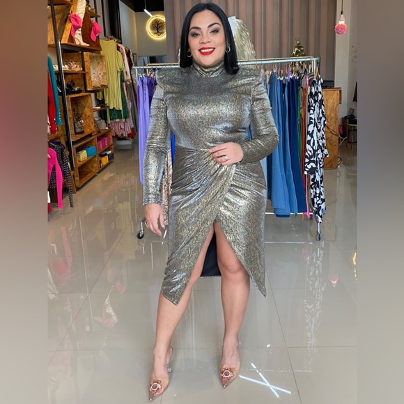 BLITHE Retro Black/Golden long sleeve dress, size small, asymmetrical, BNWT - Picture 3 of 10